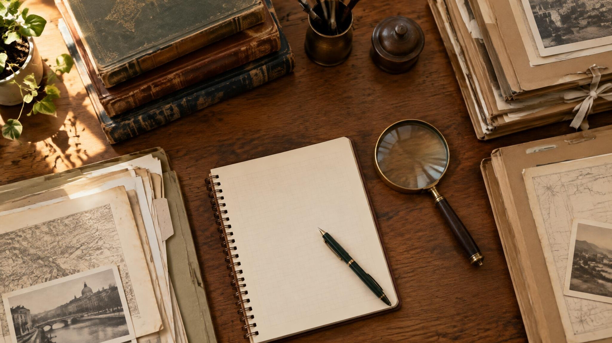 Desk with stacked books and notes