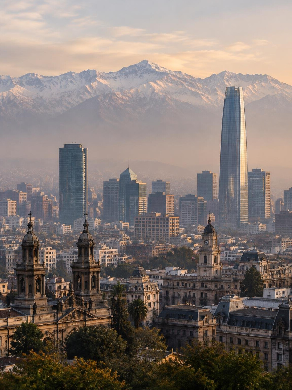 City buildings and skyline with mountains behind