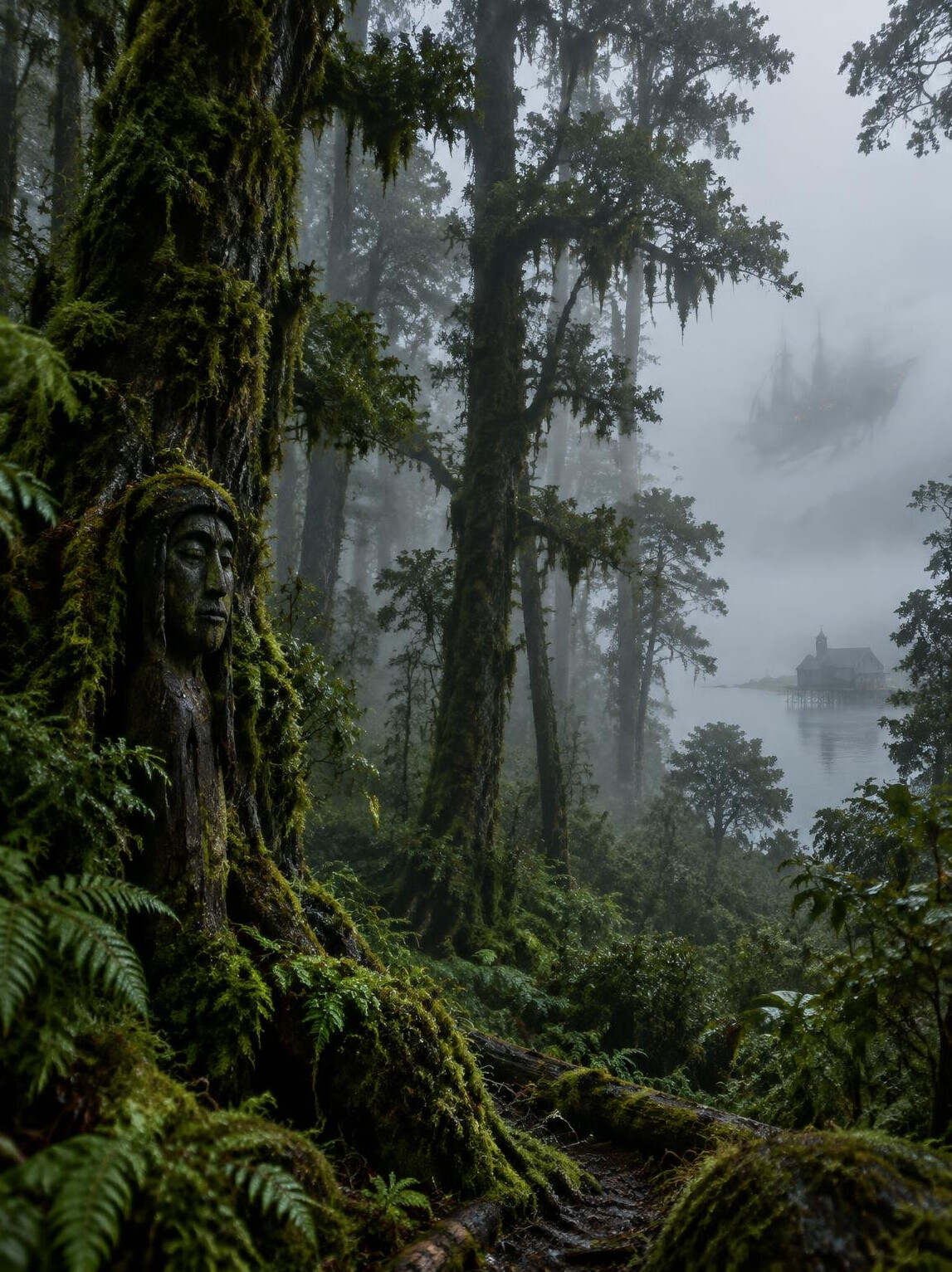 Foggy forest with tall trees