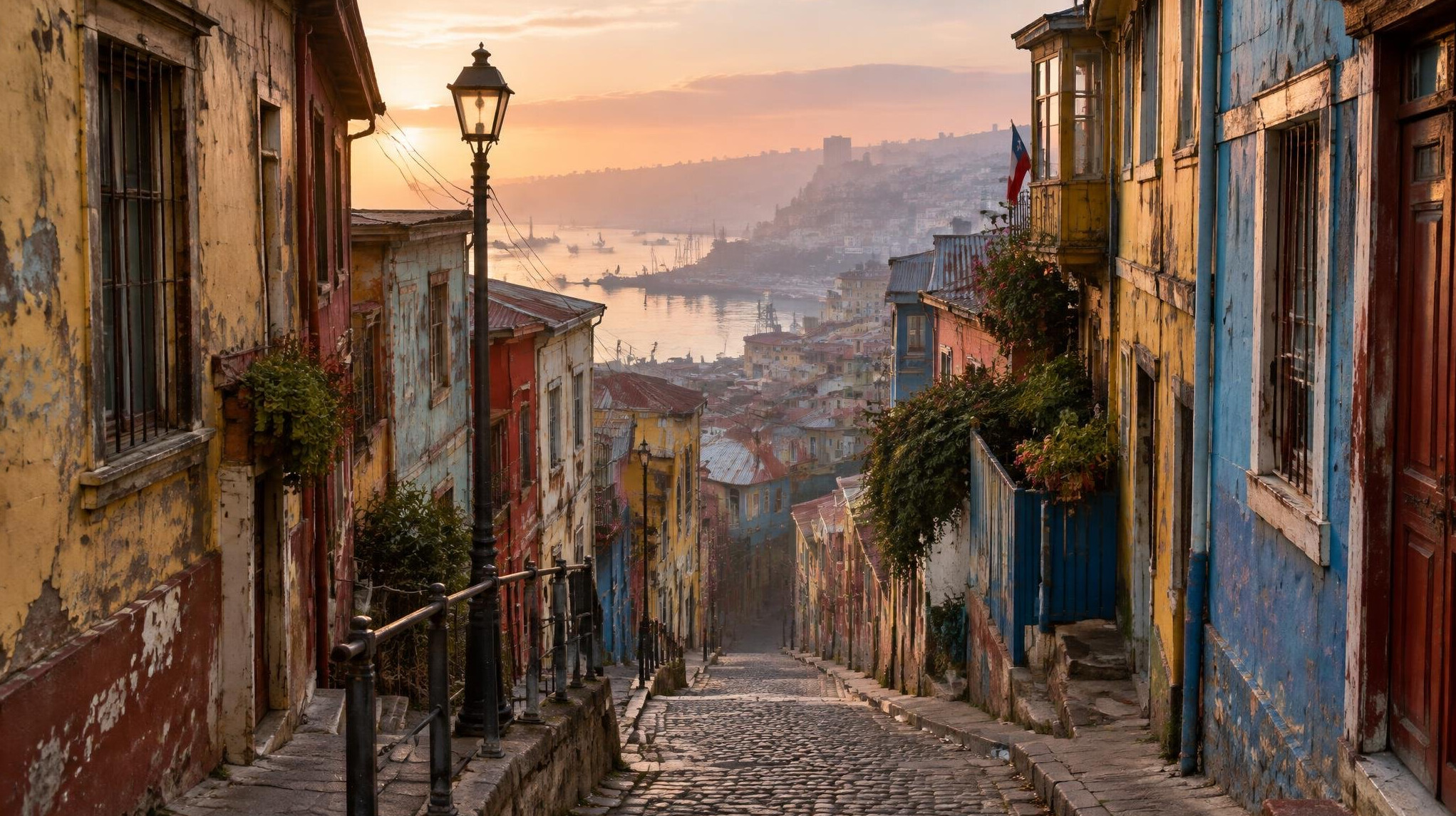Old city street with buildings in soft light