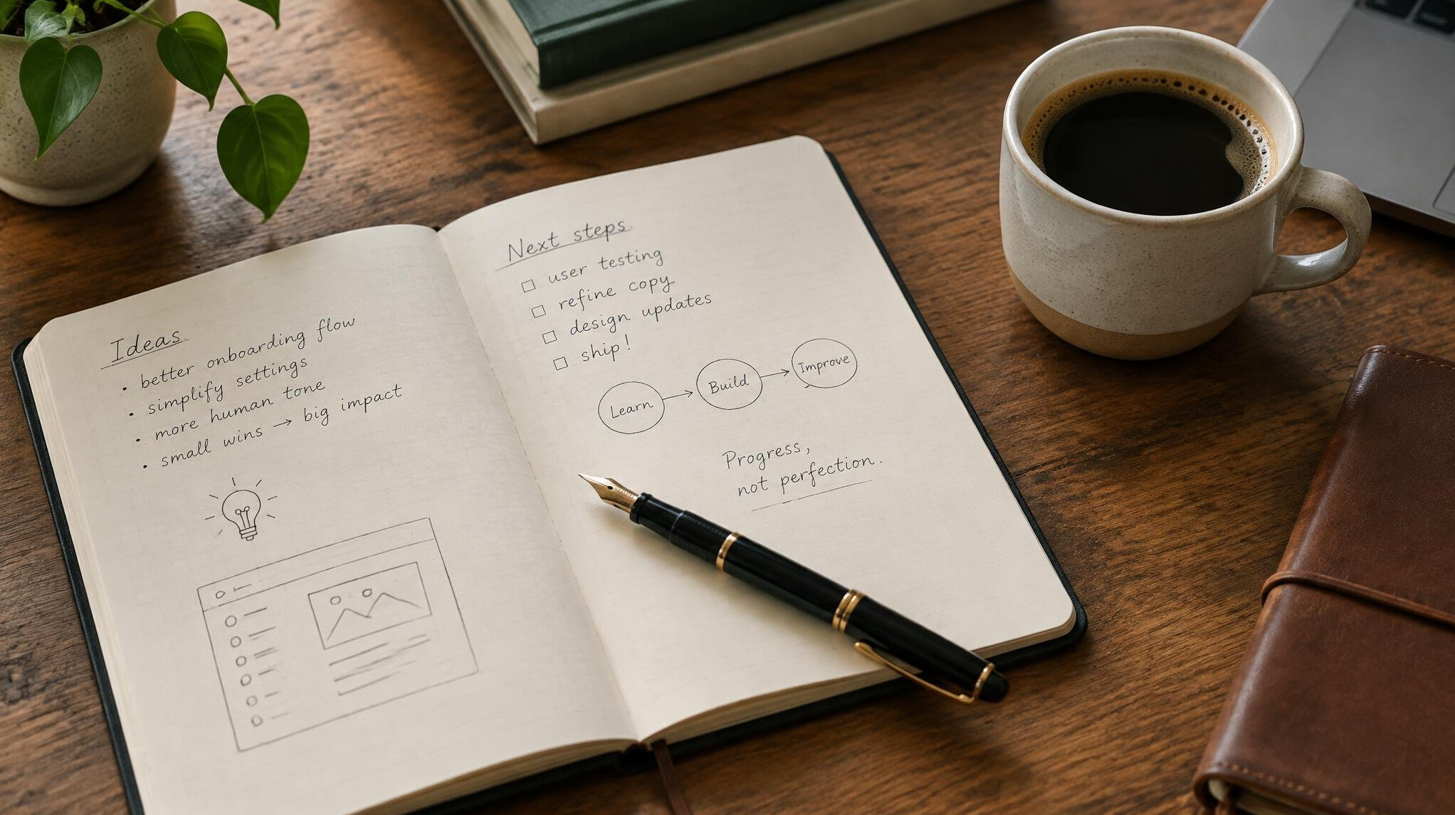 Open notebook with a pen on a desk