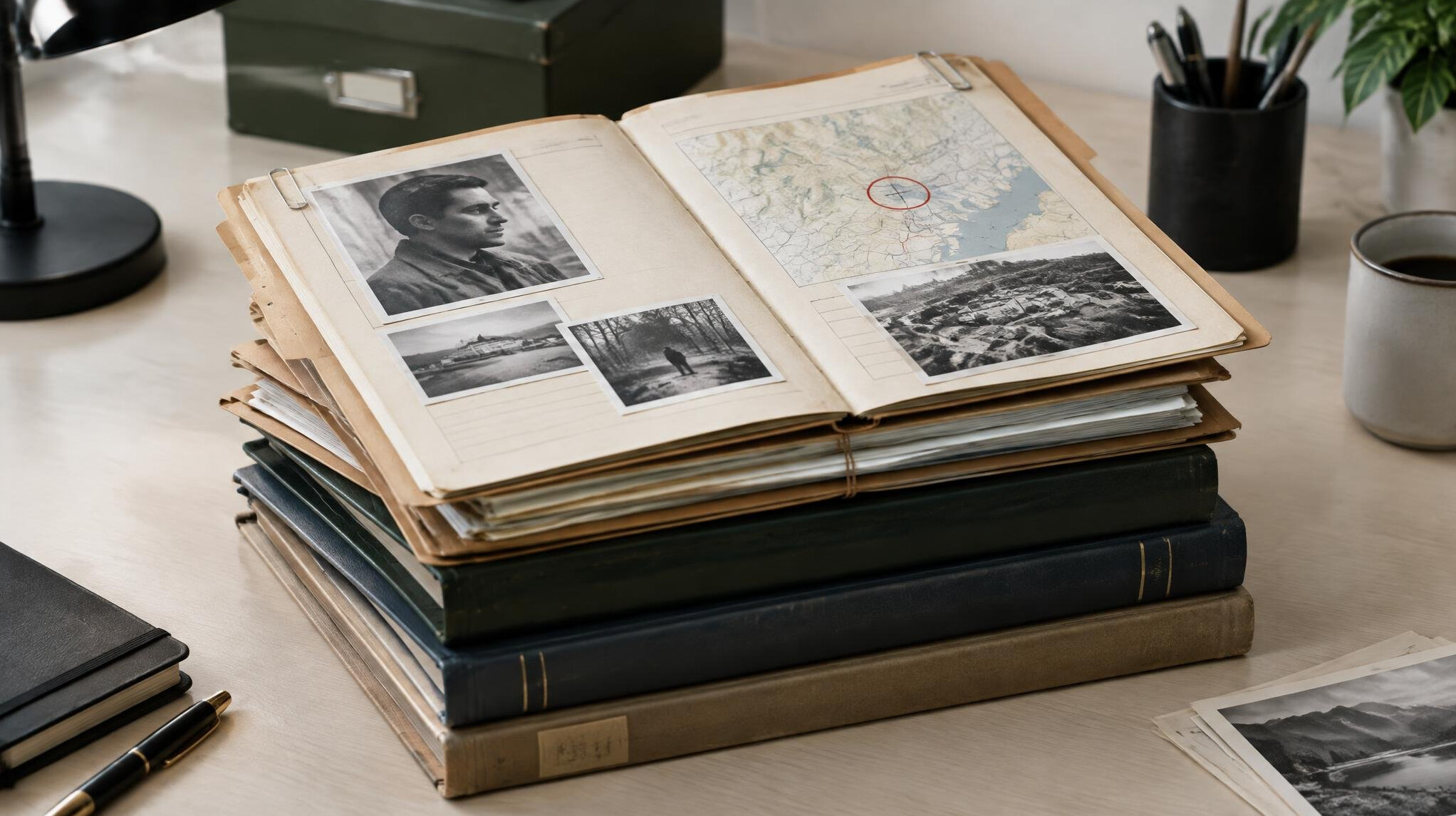 Stack of books with an open book on top