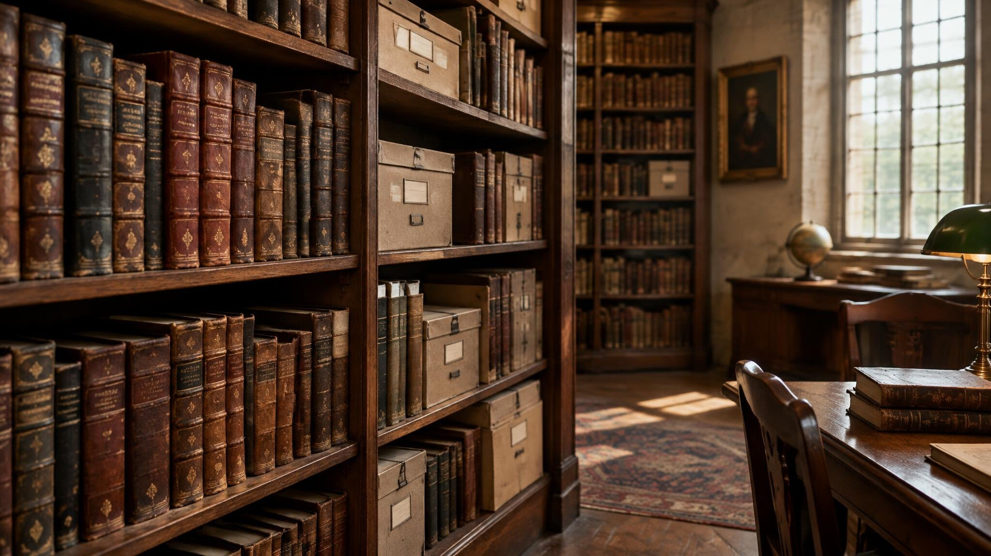 Rows of old books on a shelf
