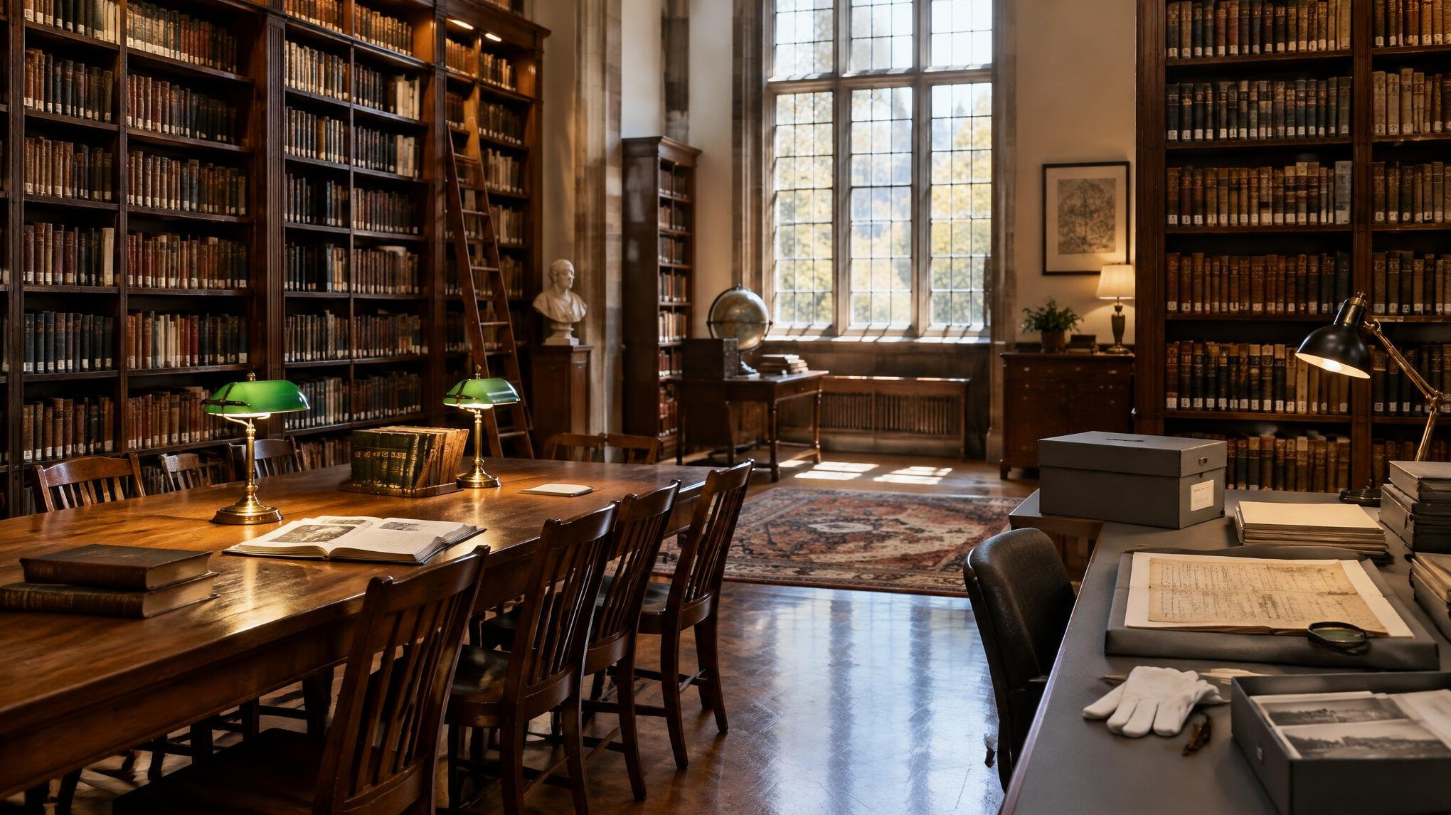 Library with tall bookshelves and a reading table